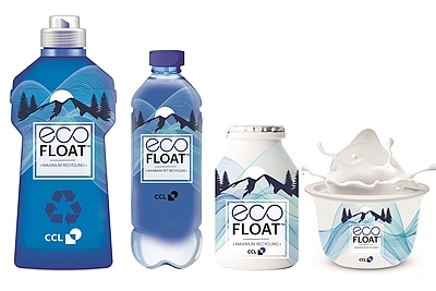 Vier Kunststoffprodukte mit recyclingfähige Etiketten und Sleeves von CCL Label