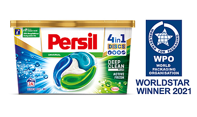 Die von Greiner Packaging produzierten Waschmittel-Verpackungen von Henkel mit mittlerweile 50 % r-PP-Anteil