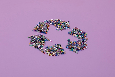 Recycle-Symbol mit Small-Plastic-Pellets
