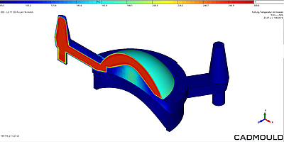 Temperatur im Inneren der Mehrschichtstruktur, bei Füllung der dritten Komponente (Schnittdarstellung), Projekt Optisys © Simcon kunststofftechnische Software GmbH