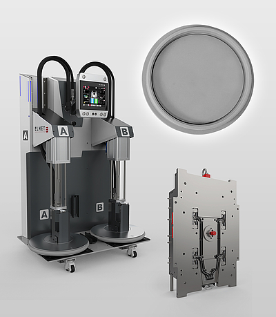 Mit SMARTshot E und SMARTmix Top 7000 Pro sind auf der K 2022 zwei Elmet-Systeme im Einsatz, die Abdeckungen für Getränke- und Konservendosen auf einer innovativen Fertigungszelle herstellen. © Elmet