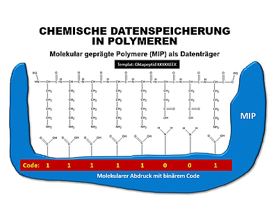 Grafik: Prinzip der Datenspeicherung in molekular geprägten Polymeren (MIPs)
