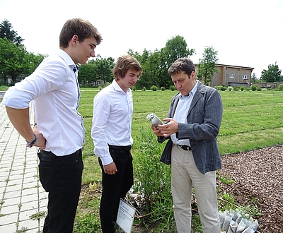 Gemeinsam mit Schülern der HBLFA Schönbrunn packt Johann Zimmermann die Baumsetzlinge in „natürliche“ Pflanzbeutel